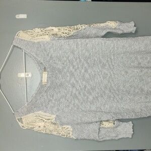 Altered state long gray and lace and knit shoulder sweater size small medium